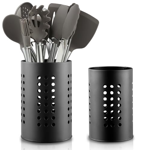 Berglander Kitchen Utensils Holder for Counter Top 2 Pieces, Black Stainless Steel Cutlery Holder, Kitchen Essentials Farmhouse Style Home Countertop Organizer