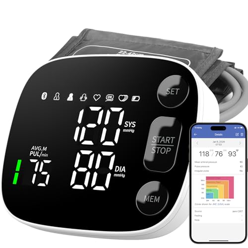 Blood Pressure Monitor Automatic Upper Arm BP Machine for Home Use with Bluetooth App Sync 2x120 Memory Accurate Reading, Large LED Backlit Display Adjustable Cuff 8.7