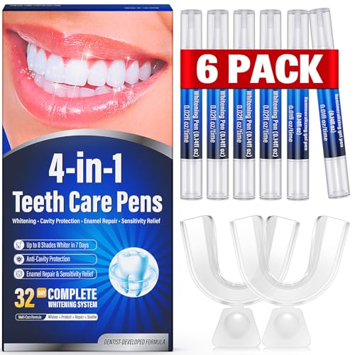 Teeth Whitening Pen Kit - 35% Carbamide Peroxide, Stain Removal, 4 Whitening Pens + 2 Remineralizing Pens, Enamel Repair, Anti-Cavity, Sensitive Teeth Care, 6 x 0.14 fl oz(Mint)