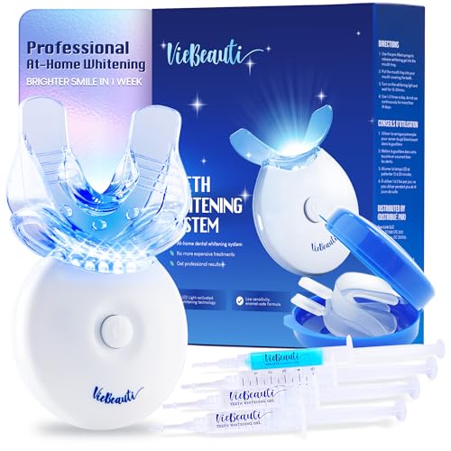 VieBeauti Teeth Whitening Kit with LED Light for Sensitive Teeth, 35% Carbamide Peroxide, Remineralizing Gel for Fast Results Cool Mint