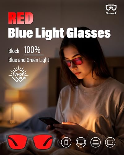 Bloomoak 100% Red Lens Blue Green Light Blocking Glasses- Dual AR Coatings Sleep Glasses Before Bed - Anti Glare, Fatigue - Image 2