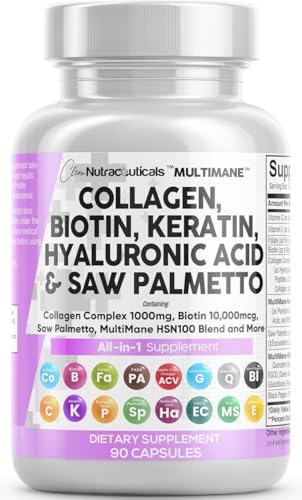 Clean Nutraceuticals Collagen Pills 1000mg Biotin 10000mcg Keratin Saw Palmetto ...
