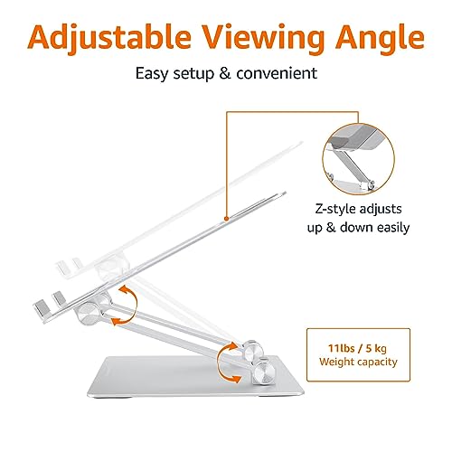 Amazon Basics Sturdy and Portable Ergonomic Laptop Stand for Desk, Height Adjustable Riser with Ventilated Cooling, Foldable, Fits all Laptops up to 17.3 Inch, Silver, 10 x 8.7 x 6 in - Image 3