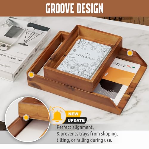 Demigo Desk Organizer Letter Tray Set of 2, Acacia Wood Tabletop Desktop for Storage Paper Letter Folders Notebooks Copy Print, Workspace Holder, Keep Stationery Saver (Brown) - Image 4