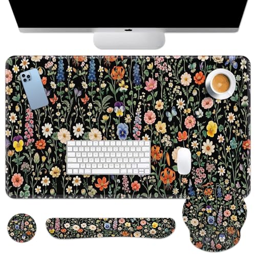 Britimes Black Florals Keyboard Mouse Pad Set Colorful Wildflowers 4in1 ...
